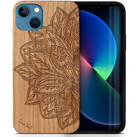 CaseYard Wood Phone case for iPhone 13 Mini Laser Engraved Lotus Flower Design Cherry Wood Compatible iPhone case Protective Shockproof Slim fit Cell Phone Cover for Men & Women Cover