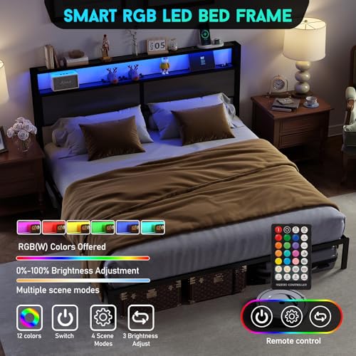 Image of RVONOW King Size Bed Frame with Headboard, Metal Platform Bed Frame with LED Lights & Charging Station, Under Bed Storage, Solid and Stable, No Box Spring Needed, Noise Free, Easy Assembly, Dark Grey