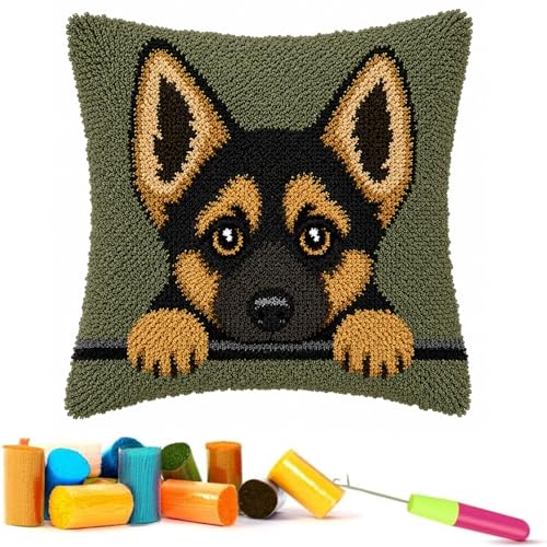 Image of EMISTEM Latch Hook Kits for Adults - Latch Hook Pillow Kits, Crochet Yarn Kit for Beginners, Cross-Stitch Embroidery Cushion Cover Case with Printed Canvas. (Cute Puppy,17x17 inch)