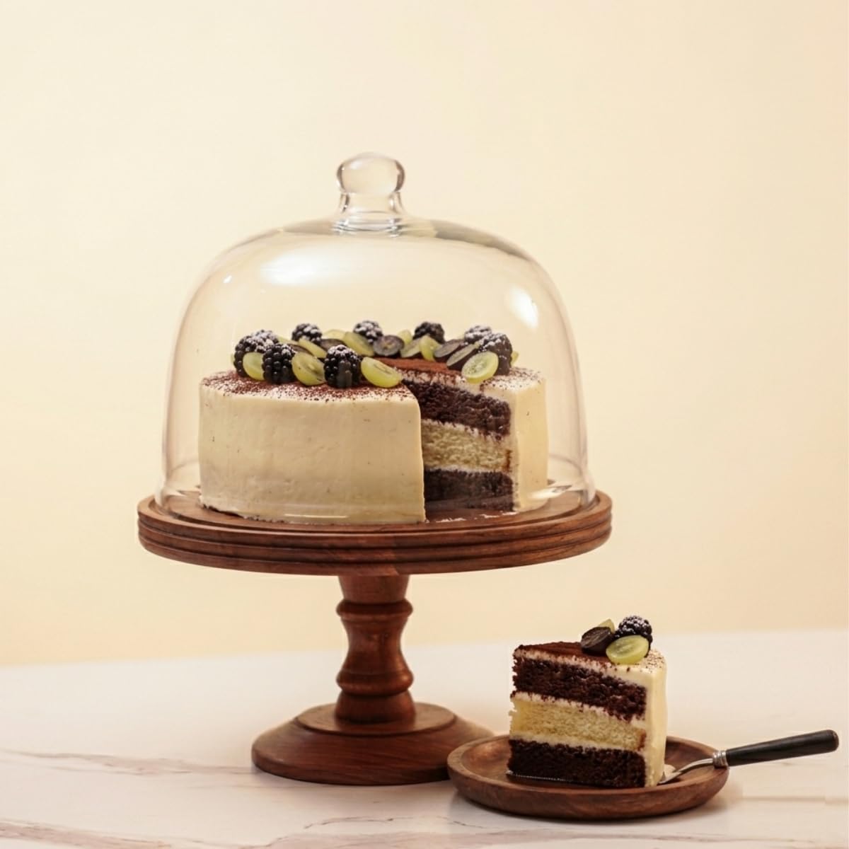 IREKA HOMES | Acacia Wood Cake Stand with Glass Dome | 11 x 15 Inch Brown Multipurpose Serving Platter Handcrafted for Cakes, Pastries & Cupcakes | Protective Glass Dome Keeps Food Safe from Insects & Flies | Decorative Stand & Cake Plate for Cake Cutting