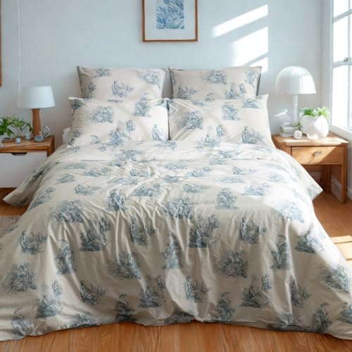 King Size Duvet Cover Cotton Autumn Winter Bedding Toile De Jouy Pattern Light Blue White Quilt Cover Bed Set 200TC BCI with 2 Pillowcases(King Size)