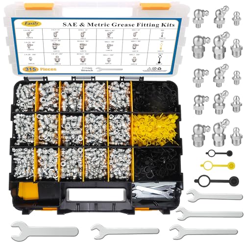 Image of 310 PCS Grease Fittings Assortment, SAE & Metric Zerk Grease Fittings Straight 45 90 Degree with Plastic Grease Fitting Cap, 5 PCS Wrench Kit(7-11mm) for Grease Gun Included