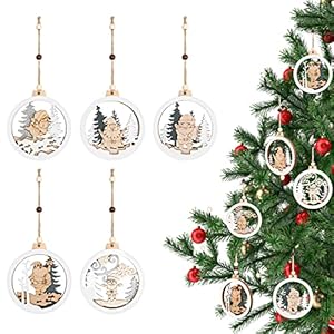 Belle Vous Houten kersthanger, 5 stuks, met laser gesneden kerstman en kerstboom, houten kerstballen, wit, naturel