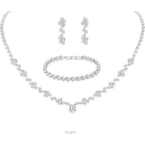 Silver Crystal Bridal Jewelry Set, Teardrop Dangle Earrings Rhinestone Necklace Bracelet for Bride Bridesmaid Crystal Bridal Wedding Party Jewelry Sets