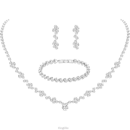 Silver Crystal Bridal Jewelry Set, Teardrop Dangle Earrings Rhinestone Necklace Bracelet for Bride Bridesmaid Crystal Bridal Wedding Party Jewelry Sets