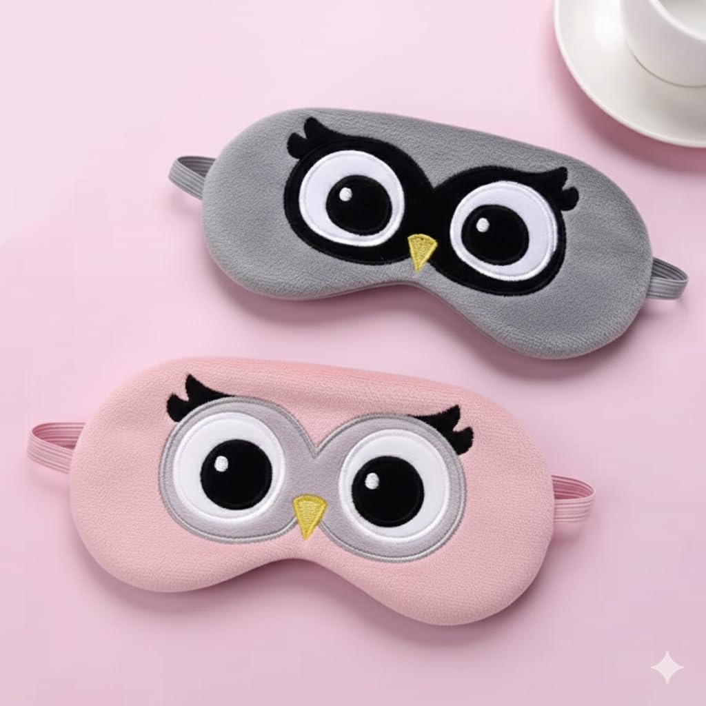 Shuddh Kaaya Cute Owl Character Eye Mask for Sleeping (Pack of 2) - Soft Breathable Grey & Pink Owl Design Sleep Masks for Couples, Kids & Women - Light Blocking Travel Eye Cover with Comfortable Elastic Strap-picture-10