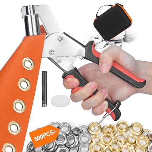 Heavy Duty Grommet Tool Kit, 3/8 Inch 10 mm (Inside Diameter) Handheld Eyelet Press Pliers with 500pcs Silver Grommets in Gold and Silver, Grommet Eyelet Pliers Kit with Hard Shell Case
