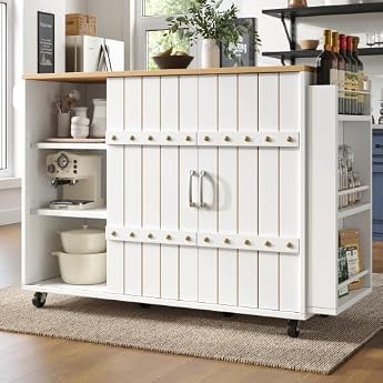 Kitchen Island Serving Trolley with Extendable Worktop Kitchen Trolley on Wheels Kitchen Cabinet with 2 Sliding Doors and 3 Drawers Buffet Cabinet Suitable for Restaurant Kitchen