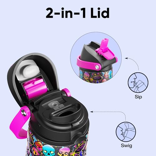 Image of Insulated Water Bottle with Straw - Encool Stainless Steel Water Bottle with Push Button Lid, Leak-Proof & BPA-Free, Keeps Cold for 24 Hours for Sports, Travel, Gym (24 oz, Trippy Skulls)
