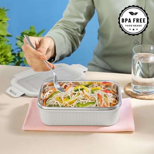 Image of Larah by BOROSIL Freshbyte Food Storage Container with Airtight Stainless Steel Lid | Fridge Container for Lunchbox | Food Grade | Microwave Safe (Grey, 600 ml, Rectangular)