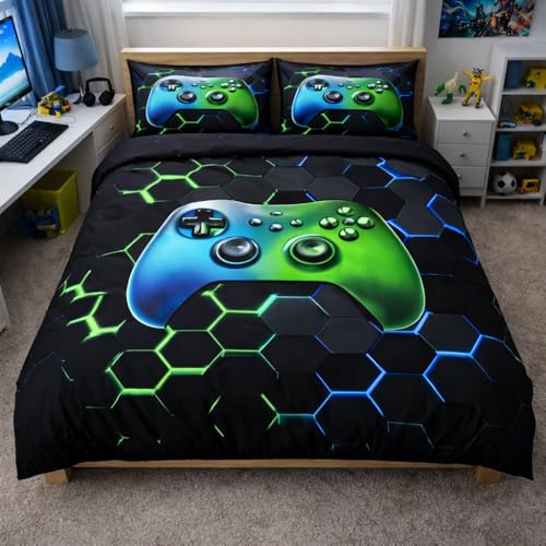 Ranedo Gaming Bettwäsche 135x200 cm Kinder Spielcontroller Kinder Einzelbett Bettwäsche Set für Jungen Teenager mit 2 Kissenbezügen 80x80 cm Mikrofaser Reißverschluss Schwarz
