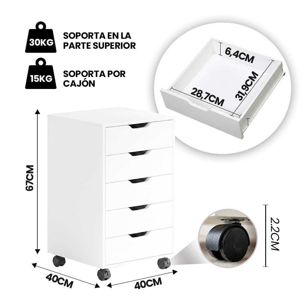 Marctani Cajonera Escritorio Blanca con 5 Cajones y Ruedas, Mueble Archivador Oficina de Madera para debajo de Mesa, Cajonera Pequeña y Estrecha (Fondo 30cm), Mueble Impresora con Ruedas