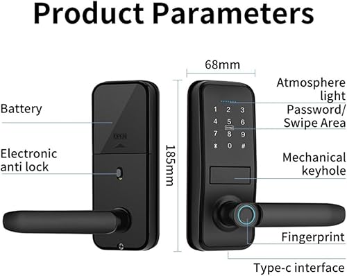 Miniatura 7 de Cerradura inteligente, cerradura de puerta de entrada sin llave con elegante mango negro mate, cerrojo de teclado electrónico, teclado de huellas
