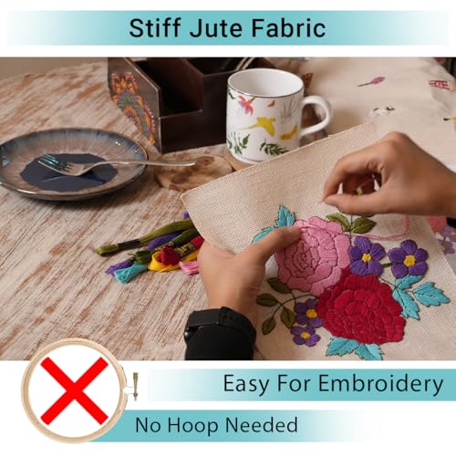 Image of picknMAKE Hoop-Free Needle Stitch Elegant Blooms DIY Hand Embroidery Kit for Beginners Adults,Stiff Jute Fabric Art Craft Work,Printed Floral Design with Threads,Needles,Cutter,Instruction,Multicolor