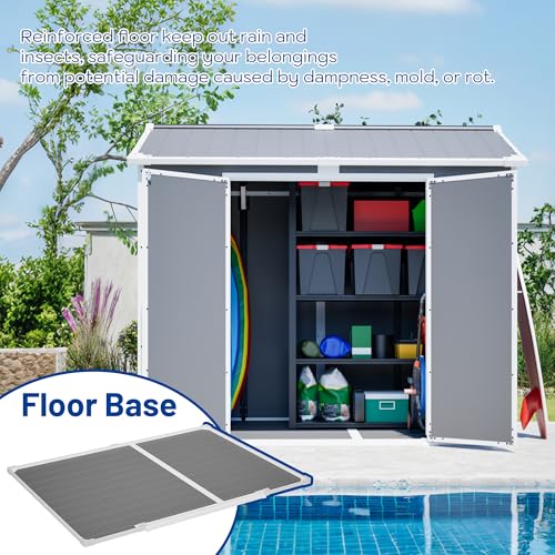 Image of YOPTO 8x6 FT Plastic Shed,Outdoor Storage Shed W / 2 Windows & Floor,Resin Garden Tool House W /Lockable Door,Integrated Drainage Holes & Air Vents,for Backyard,Patio,Lawn,Gray-White