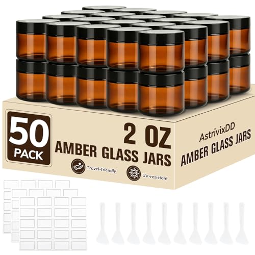 50 Pcs 2 oz Glass Jars with Lids Amber Glass Jars with 60 Labels & 10 Spatulas Inner Liners LeakProof UV-Protective Round Glass Containers for Essential Oils Spices Candle Making DIY