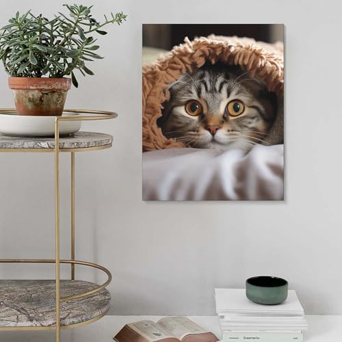 Poster chat sous couverture coton lin déco chambre chaleureuse