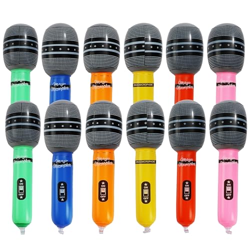 Costyleen 12Pcs Inflatable Microphone Party Favors - 6 Colors Aluminum Film, 9.8 Inch Bulk Fake Mic Props Karaoke Concert DJ Photo Booth Decoration Musical Supplies