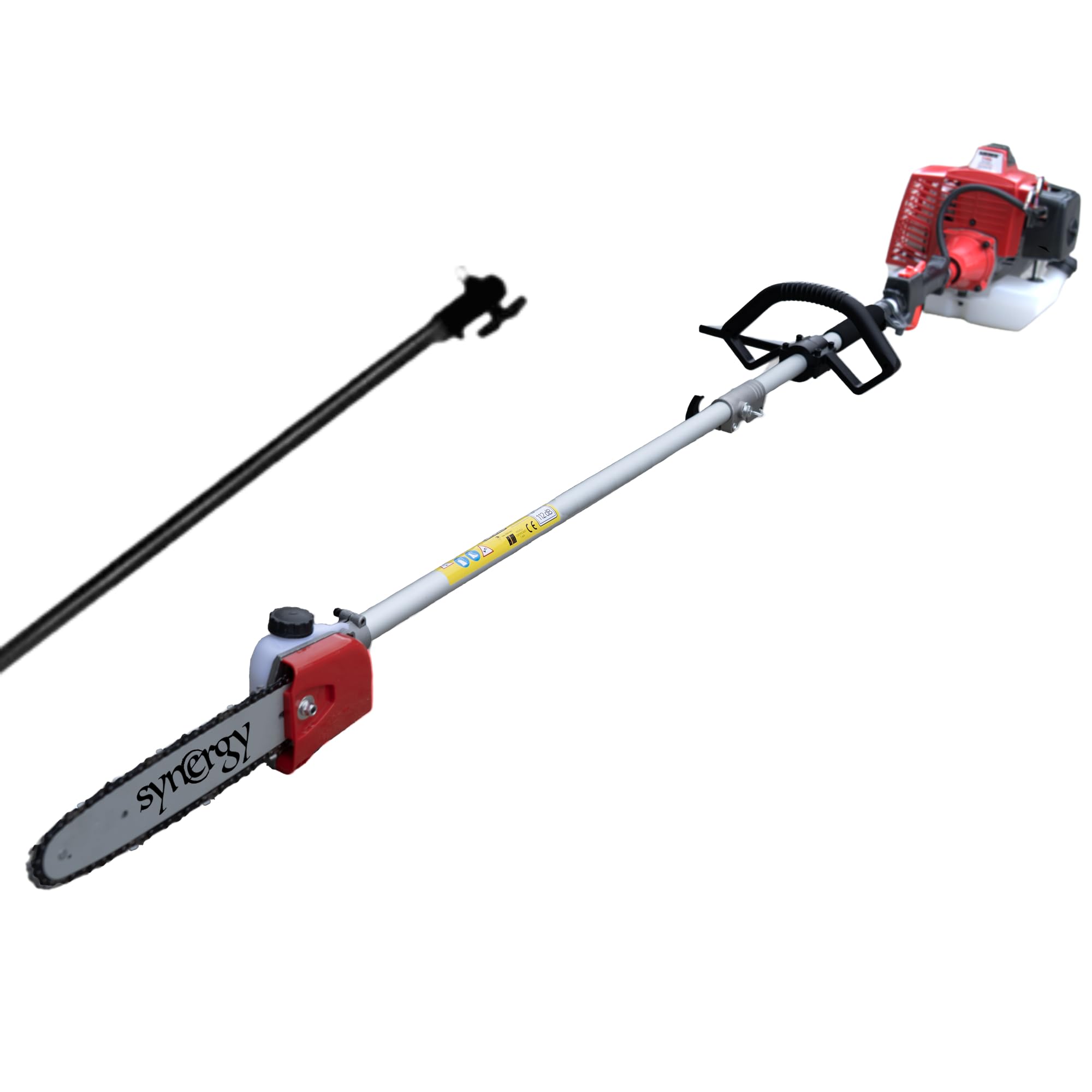 Synergy Podadora de Altura Gasolina 65cc 4,9CV con espada 25cm, arranque Easy Cut, transmisión reforzada, cinturón y accesorios incluidos + 1 alargo. Motosierra telescópica de pértiga.