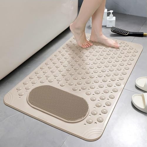 Image of Storite Rectangular Anti Skid Bath Mat with Foot Scrubber for Bath Room Shower Mat with Suction Cups & Drain Holes Silicone Floor Mat for Kids & Adults (70 X 35cm, Beige)