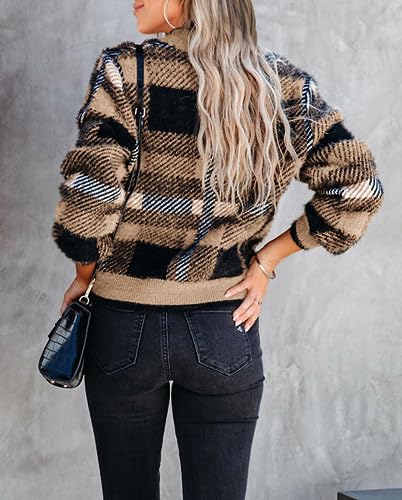 Imily Bela Womens Cardigan Sweaters Plaid Fuzzy Knit V Neck Button Down Long Sleeve Cozy Cardigans Pullover Tops3