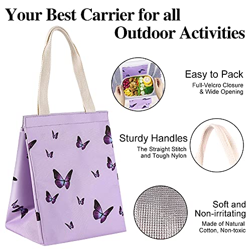 Iknoe Insulated Lunch Bag For Women, Durable Wide-Open Foldable & Portable Lunch Tote With Interior Pockets, Water-Resistant Thermal Lunch Cooler For Adults Picnic Beach-Purple Butterfly #TOP1