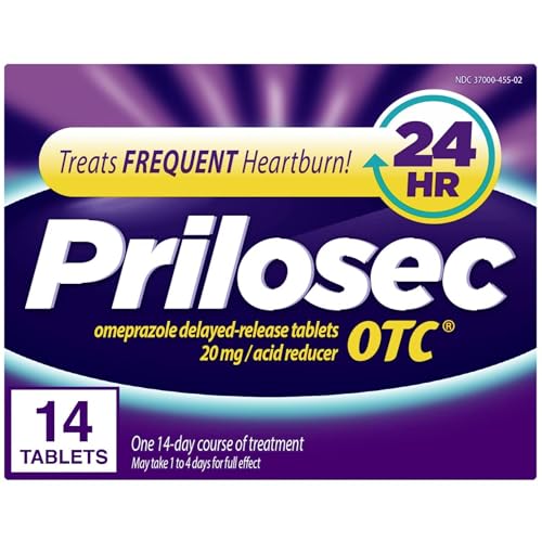 Prilosec OTC, Omeprazole Delayed Release 20mg, Acid Reducer, Treats Frequent Heartburn for 24 Hour Relief, All Day, All Night*, Heartburn Medicine, 20mg, 14 Tablets