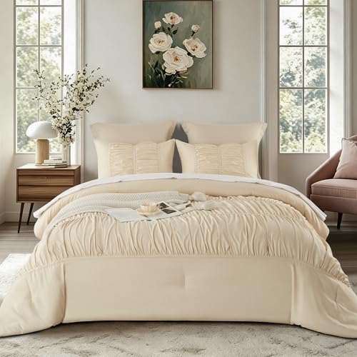 Image of Ruched Ruffle Comforter Set Queen - 3 Piece Wheat Checkered Bedding Set - Aesthetic Cottagecore Ruffled Farmhouse Comforter with 2 Pillow Shams - Soft, Lightweight All Season Bedding (90 inchx90 inch)