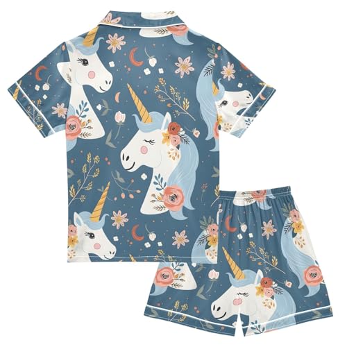 ALAZA Cute Unicorn Moon Blossom Pajamas Satin Pajama Set Short Sleeve Button Down Sleepwear2