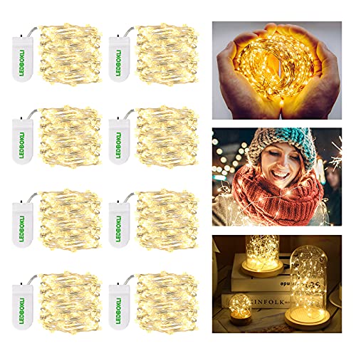 LEDBOKLI Cadena de Luces con Pilas, Guirnalda LED Pilas 1.2M 24 LEDs Blanco Cálido, Luces de Hadas LED Luces LED Decoracion Pilas Impermeable para Fiesta, Hogar, Cena, Navidad, Boda, Botella, 8 Piezas Cover