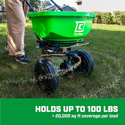 Image of Chapin 89303C Spreader, Lawn and Garden, 100Lbs, Contractor, TurfPro, Broadcast, Push, Walk Behind, 12 inch Tires, Weather-Proof, Poly Hopper, Side- Adjust Lever, Spreads Fertilizer and Seeds