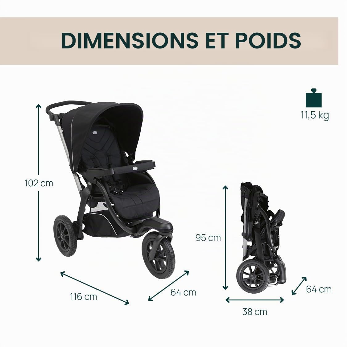 Chicco Poussette Activ3 à 3 roues, fonctionnelle et facile à manœuvrer sur tous les terrains, siège spacieux, dossier inclinable, fermeture pratique et rapide, amortisseurs réglables, 0 mois+, Ébène