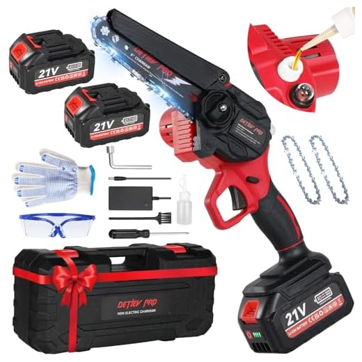 DETLEV PRO Mini Motosega a Batteria per Potatura con 8000mAh Batterie, 6 Pollici Motosega da Potatura con Sistema di olio automatico e Blocco di Sicurezza per il Taglio del Legno Giardini-Rosso