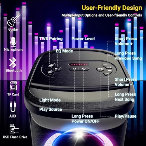TPBEAT Portable Bluetooth Party Speaker: 160W Peak Powerful Loud Sound Deep Bass Wireless Boombox Large Subwoofer 15 Hours Battery Life Fast Charging with Led Light Show for Outdoor Camping Backyard
