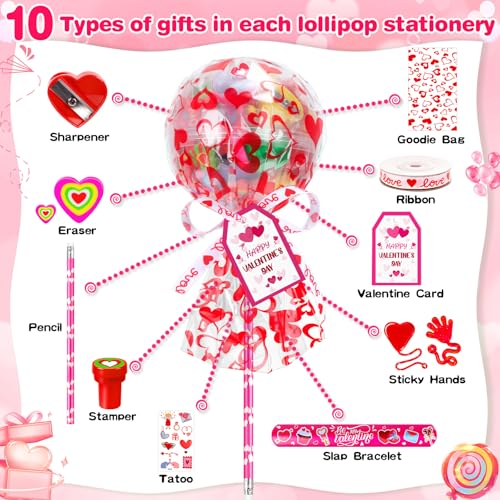 Image of CZWZ 272Pcs Giant Lollipop Valentine Classroom Gifts, 24 Set Giant Lollipop with Pencils, Stickers, Erasers for Classroom School Exchange Valentine Party Favors Supplies