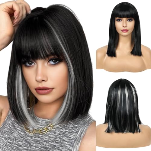 Image of Creamily Short Hair Wig for Women Full Head, Bob Cut Wigs with Bangs for Women, Hightlight Black Mix Grey Straight Ladies Wigs Natural Hair Full Head (Black,14 inches)