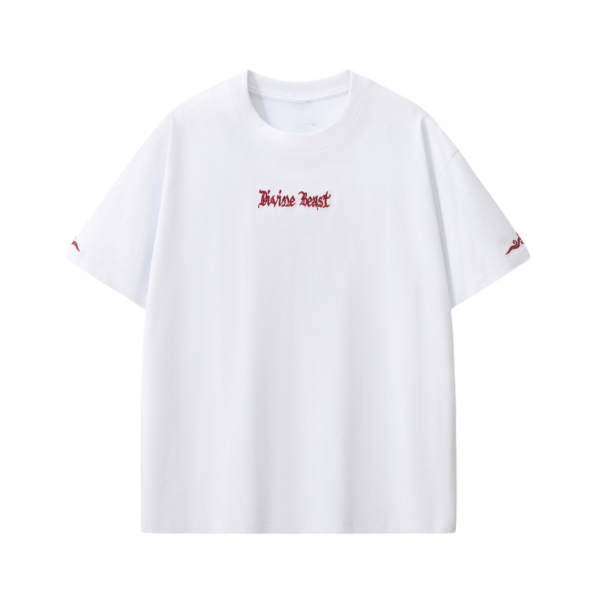 Męski bawełniany t-shirt z okrągłym dekoltem, haft smoka, przecięte ramiona, top z krótkim rękawem