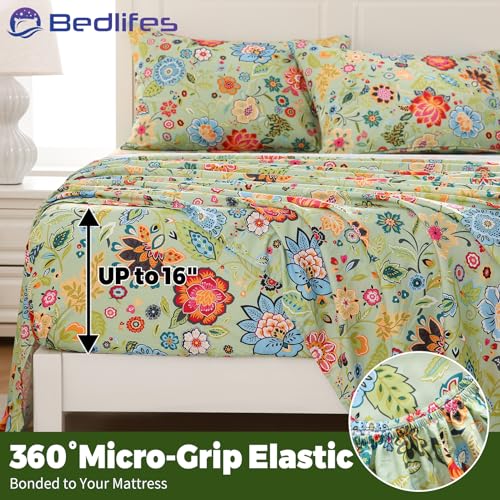 Image of Bedlifes Twin Floral 3-Piece Sheet Set - Cooling Sheets Blend Rayon Derived from Bamboo,Soft & Breathable, Deep Pocket 16 inch, Wrinkle Resistant - Vibrant Boho Floral Sage Green