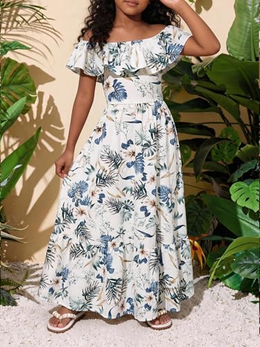 Image of BEAUDRM Girl's Summer Outfits Tropical Summer Dress Hawaiian Off Shoulder Tops and Ruffle Skirt Set Vacation Beach Clothes