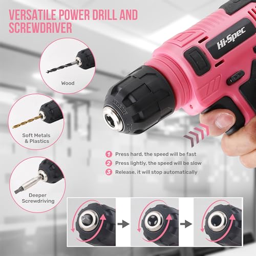 Image of Hi-Spec Cordless Drill Set, 8V USB Pink Power Drill Driver & Screw Bit Set for Women. Ladies Cordless & Rechargeable Electric Drill Driver with Wall Hanging Kit