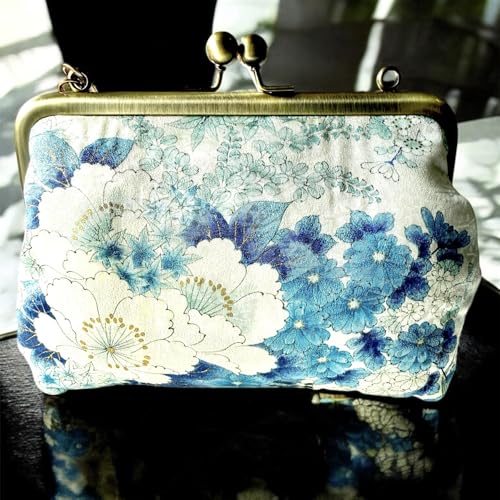 Kimono Cloud Clutch bag Vintage Floral Kiss Lock Purses and Handbags Crossbody Bag/Made in Japan Japanese Evening Clutch Buckle Purse Shoulder/Blue chrysanthemums and cherry blossoms2