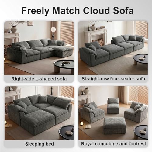Image of Cloud Couch Sectional for Living Room, Modular L Shaped Boneless Sofa with Chaise, Compressed No Assembly Couch, Deep Seat Chenille Upholstered Convertible Sofa Bed (Grey)