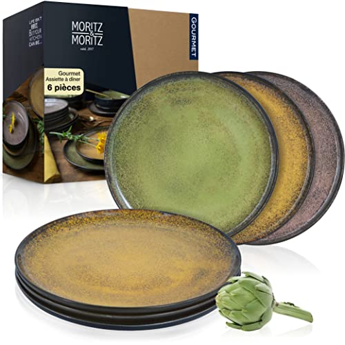 Moritz & Moritz VIDA Lot de 6 assiettes dîner Jaune/vert/rose - Pour 6 personnes - En porcelaine - Passe au lave-vaisselle et au micro-ondes