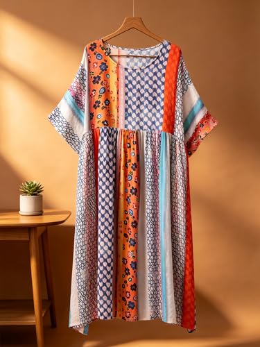 Image of Women Summer Dress with Pockets Plus Size Boho Floral Print Round Neck Loose Casual Flowy Dress