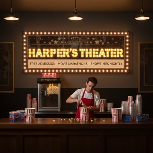 Image of Custom Movie Theater Marquee Sign with LED Bulbs | Home theater, cinema room, man cave, bottle service sign, vintage style, personalized light, 20-60 inch