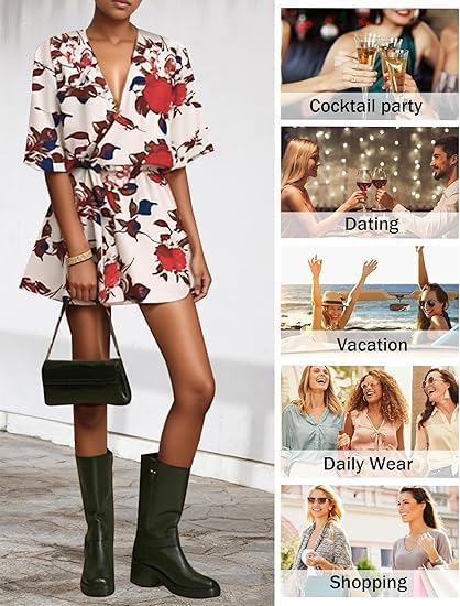 AIMCOO Women's Summer Deep V-Neck Floral Print Romper Ruffle Hem Half Flared Sleeve Jumpsuits Waist Tie Casual Short Rompers - Image 5