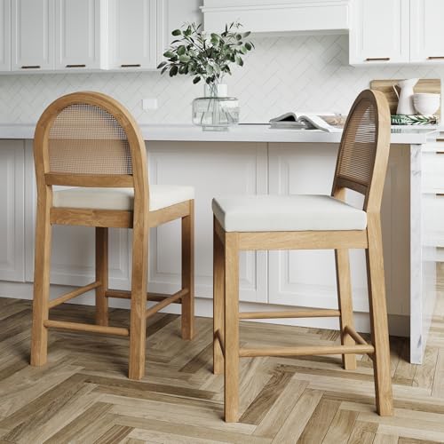 Image of Nathan James Bailey Boucle Upholstered Rattan Bar Stool, Counter Height Stool with Natural Rattan Woven Back For Kitchen Island, Light Brown, Set of 2
