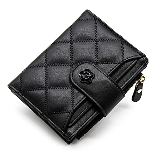 LJCZKA Women Wallet Vegan Leather RFID Card Holder Small Bifold Zipper Pocket Short Wallet Coin Cash Purse with ID Window (Black)