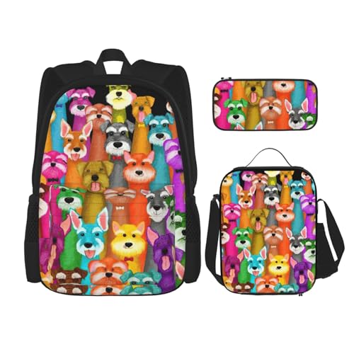 Oil Cute Schnauzer Dogs Print 3 Piece Set Backpack, Lunch Bag, Pencil Case, Cute Sturdy For College And Travel
