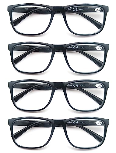 MODFANS 4 Pares de Gafas de Lectura 2.25 Hombres/Mujeres,Rectangular Gafas para Presbicia,Buena Vision Ligeras Comodas,Vista de Cerca/Vista Cansada(4 Negro)